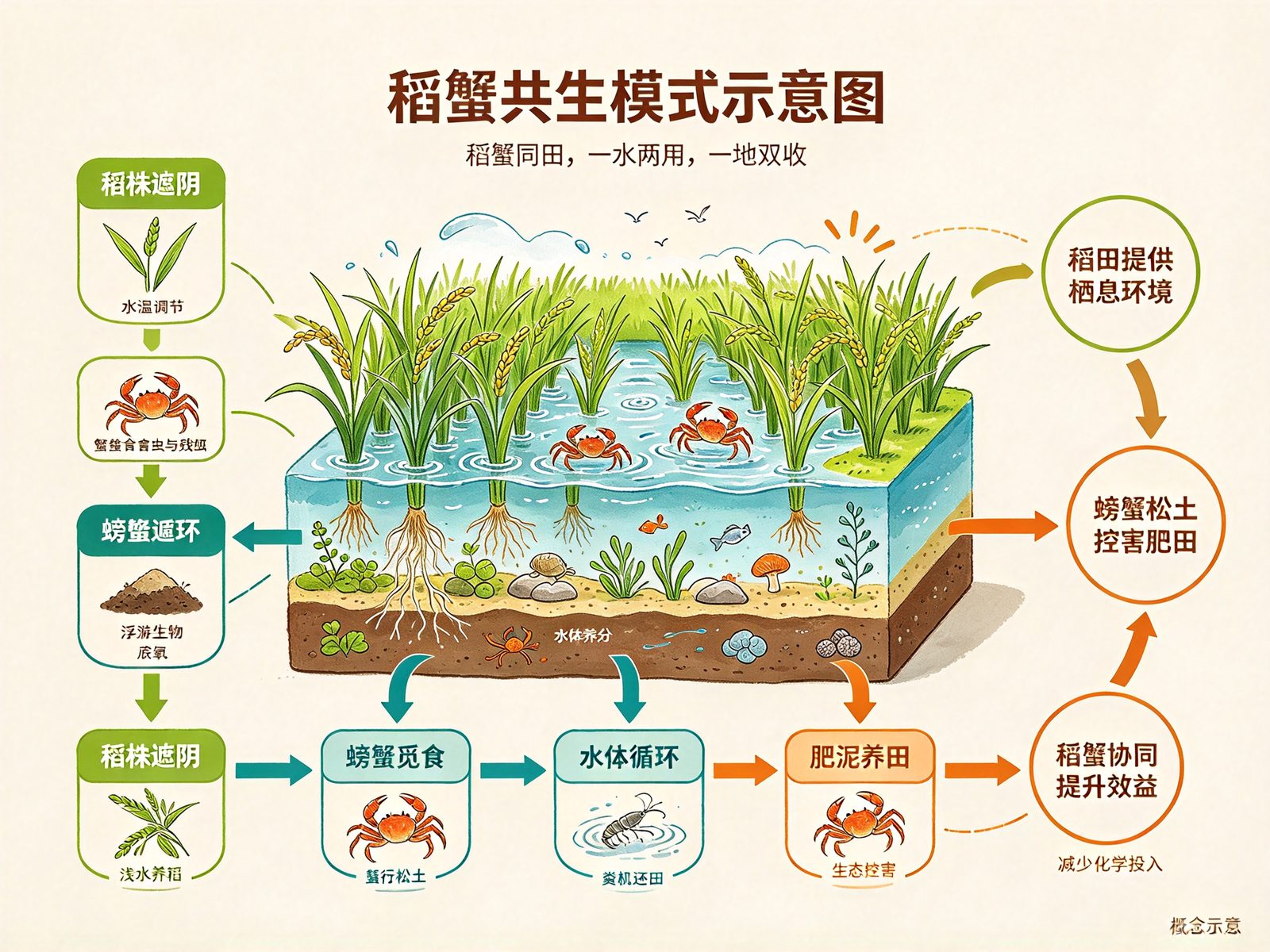 稻蟹共生模式示意图