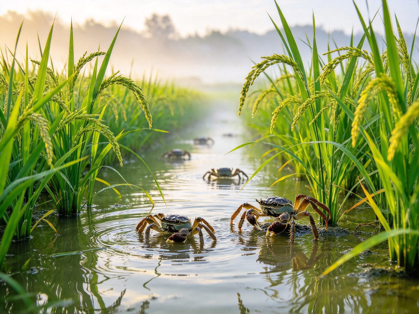 夕阳下河蟹在稻田水渠中爬行的实拍